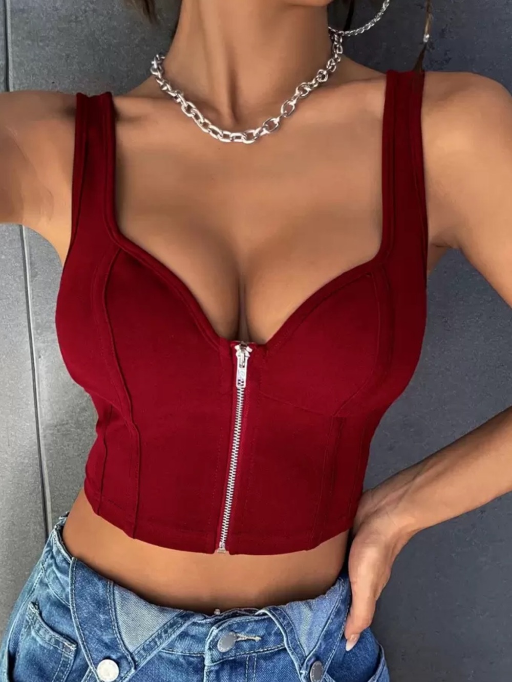 Red Zip Front Corset Crop Top Bustier Thick Straps Paneling - NWOT Size Small